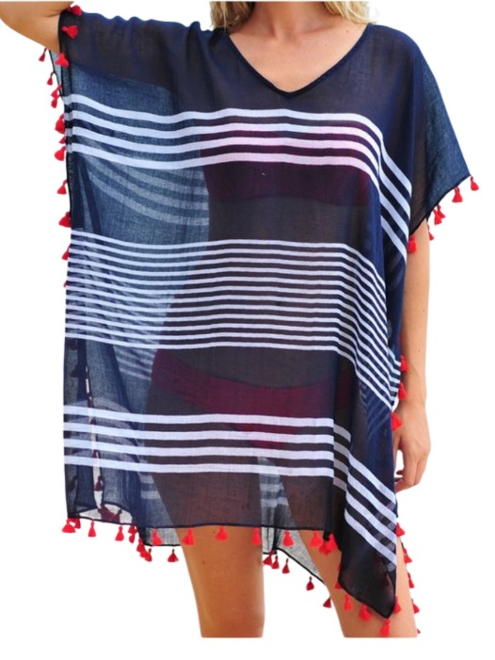 Beach by Design Navy & White Striped Women’s Swim Cover-Up w/ Red Tassels.Size L
